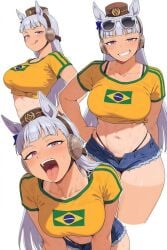 1girls abs brazil dm_369_dm female gold_ship_(umamusume) grin hand_on_hip hat headphones headphones_on_head horse horse_ears horse_girl jean_shorts muscles muscular muscular_female open_mouth pink_eyes shirt shorts smug solo tongue umamusume umamusume_pretty_derby visible_bra white_eyebrows white_hair wide_hipped_female wide_hips