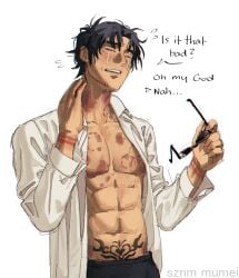 bite_marks blind flustered hickey kagurabachi open_shirt rope_marks seiichi_samura solo_male sznm_mumei talking_to_another womb_tattoo