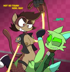 anthro big_breasts bionic_arm bionics breasts brown_hair canid canine chiv clenched_teeth clothed clothing coat collar cybernetic_arm cybernetic_limb dominant duo female fishnet fishnet_legwear footwear forced fox fur genitals green_body green_eyes green_fur hair haplorhine hi_res instant_loss_2koma intersex intersex/female leash leash_pull legwear machine male male/female mammal monkey partially_clothed penetration penis primate raised_leg rape rough_sex rule_63 sex shoes socks surprise teeth text thighhighs topwear trinitro_stropher trinitroid vaginal_penetration vest