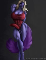 1futa 2022 absurd_res anthro artist_name athletic athletic_anthro athletic_gynomorph athletic_intersex balls big_breasts big_penis black_nose blonde_hair blue_body blue_fur bodily_fluids breasts canid canine canis cleavage clothed clothing cocktail_dress crossed_legs dripping erect_nipples eyebrows eyelashes fur futa_only futanari genital_fluids genitals gynomorph hair hand_behind_head hi_res intersex legs_together long_hair looking_at_viewer mammal nipple_outline nipples penis precum precum_drip red_eyes smile solo standing sunstripe text url vein veiny_penis wolf