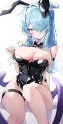 1girls big_breasts blue_eye blue_hair blush breasts bunny_ears bunnysuit cleavage clothed clothing elira_pendora embarrassed female female_only hair_over_one_eye head_wings huge_breasts light-skinned_female light_skin nijisanji nijisanji_en ruru_nnnn solo thick_thighs virtual_youtuber wings