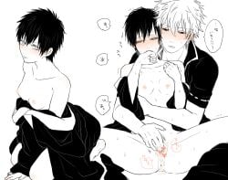 1boy 1girls blush breath embarrassed female finger_fuck fingering fingering_partner functionally_nude genderswap_(mtf) gintama gintoki_sakata heart_censor hijikata_toshiro kimono looking_at_viewer male mame_(pixiv) off_shoulder open_kimono partially_colored pussy_juice rule_63 short_hair small_breasts spread_legs sweat tomboy trembling very_short_hair