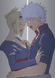 1boy 1girls assisted_exposure blonde_hair blush chonmage cleavage detached_sleeves female french_kiss gintama gintoki_sakata hair_ornament japanese_clothes kimono kissing looking_at_another male off_shoulder open_mouth profile saliva_trail tied_hair tsukuyo upper_body