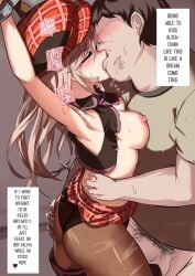 1boy 1girls absurd_res age_difference alisa_ilinichina_amiella armpits arms_up ass ass_grab black_panties blush breasts breasts_out busty closed_eyes cuffs english_text faceless_male fat_man female female_focus french_kiss god_eater grabbing grey_hair gtgt_nishiteyaru hat highres imminent_rape imminent_sex kissing long_hair male maledom medium_breasts nipples older_male older_man_and_teenage_girl panties pantyhose plaid_skirt pubic_hair rape restrained restrained_arms restraints scowl sex_slave skirt straight sweat teenage_girl teenager third-party_edit torn_clothes torn_legwear torn_pantyhose translated waist_grab younger_female