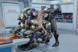 3:2 3d abs blender_(software) blizzard_entertainment digital_media_(artwork) doomfist erection female flexing flexing_bicep genitals group hair hanzo hanzo_shimada hi_res human human_on_taur human_on_top interspecies machine male male/female mammal megasoma_orisa muscular muscular_male nipples nude orisa overwatch overwatch_2 pecs penis raised_leg riding_on_back robot standing taur thiccacuga trio video_games