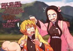 1boy 2girls absurdres anger_vein angry ass black_hair blonde_hair bottomless caught_in_the_act demon_slayer demon_slayer_uniform english_text exclamation_mark frown highres kamado_nezuko kimetsu_no_yaiba mountain multiple_girls open_mouth pink_eyes scolding semidraws sidelocks watermark yellow_eyes zenitsu_agatsuma