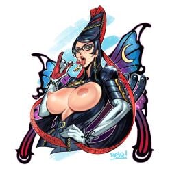 bayonetta bayonetta_(character) big_areola big_nipples black_hair breasts breasts_out candy erect_nipples female glasses hair_ornament lolipop looking_at_viewer open_mouth reiq solo unzipped unzipped_bodysuit