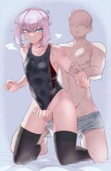 2boys anal bar_censor barefoot bed_sheet black_one-piece_swimsuit black_thighhighs blue_eyes blush censored clothing_aside collarbone crossdressing crossed_bangs deagle_(deagleiii) erection faceless faceless_male femboy full_body genderswap_(ftm) highleg highleg_swimsuit highres indoors kantai_collection kneeling looking_at_viewer male_focus male_only multiple_boys one-piece_swimsuit penis penis_out pink_hair rule_63 sex sex_from_behind shiranui_(kantai_collection) short_hair swimsuit swimsuit_aside testicles thighhighs thighs yaoi