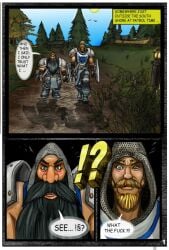 2boys 3_panel_comic armor black_beard black_hair black_hair_male blizzard_entertainment blonde_beard blonde_hair blue_eyes blue_eyes_male blue_sky comic comic_page dialogue dwarf english_text grass grass_field green_grass human human_(world_of_warcraft) light-skinned_male light_skin mythology norse_mythology nosebleed page_1 shina sky talking_to_another walking warcraft world_of_warcraft