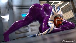 1girls 2022 3d ahsoka_tano alien_girl ass big_breasts bodysuit breasts evolluisionist female female_only huge_ass jack-o_pose latex purple_bodysuit solo splits star_wars star_wars_rebels text thick_lips thick_thighs togruta wide_hips