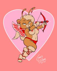 anthro aphrodisiac armband arrow_(weapon) bottomwear bow_(weapon) breasts caramel_foozle chris_sutor clothed clothing cosplay cupid female flying footwear foozle holidays jewelry loincloth nipples ranged_weapon sandals solo suggestive_look topless topless_female valentine's_day weapon wings