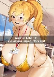 1girls artist_signature bikini blonde_female blonde_hair breasts caption cleavage clothed clothing curvy english_text female female_only gigantic_breasts hanging_breasts hips human id_card indoors lanyard leaning_forward light-skinned_female light_skin long_hair lulu-chan92 mostly_nude name_tag neckwear office overflowing_breasts pale_skin ponytail public purple_eyes rwby smile snapchat solo_female text thick_thighs thighs voluptuous wide_hips yang_xiao_long yellow_bikini