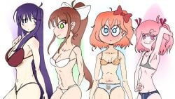 4girls :3 big_breasts blue_eyes blush bow bow_bra bra breasts brown_hair cleavage doki_doki_literature_club female female_only flat_chest green_eyes hairbow lilmarux3_(artist) matching_hair/eyes matching_underwear monika_(doki_doki_literature_club) multiple_girls natsuki_(doki_doki_literature_club) navel panties pink_eyes pink_hair print_panties purple_eyes purple_hair red_bow red_hair_bow sayori_(doki_doki_literature_club) spicy_maru strawberry_blonde_hair white_background white_bra white_panties yuri_(doki_doki_literature_club)