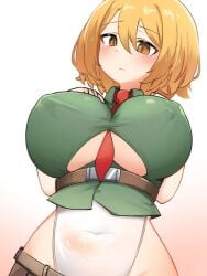 2s3m big_breasts blonde_hair breasts daebom erect_nipples hand_on_breast looking_at_viewer orange_eyes orange_hair see-through_clothing tagme tie war_thunder