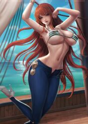 1girls big_breasts bikini breasts female female_only jeans lexaiduer long_hair looking_at_viewer nami one_piece orange_eyes orange_hair penetration post-timeskip red_toenails solo striped_bikini