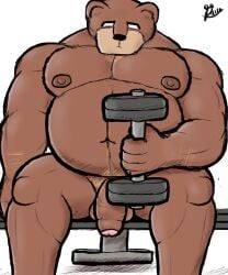 alanottaviano anthro balls barazoku brown_bear brown_body brown_fur chubby_male exercise foreskin fur genitals grizzly_bear hi_res male male_only mammal musclegut muscular muscular_male overweight overweight_male penis solo ursid ursine workout