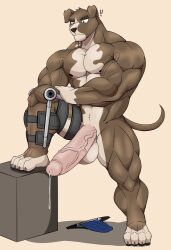 abs anatake anthro balls bara barazoku biceps big_muscles bodily_fluids brown_body brown_fur canid canine canis claws deltoids domestic_dog fur genital_fluids genitals half-erect hi_res huge_muscles humanoid_genitalia humanoid_penis male male_only mammal multicolored_body multicolored_fur muscular muscular_anthro muscular_male nipples nude pecs penis precum simple_background solo solo_focus standing two_tone_body two_tone_fur white_balls white_body white_fur