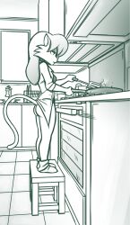 1girls 2022 anthro appliance ass bathroom bra chair cheek_tuft cleo_catillac clothing cooking cookware digital_media_(artwork) dishwasher domestic_cat eyelashes facial_tuft felid feline felis female floor footwear frying_pan fur fur_tuft furniture hair hi_res holding_frying_pan holding_object holding_spatula holding_tool holding_utensil inside kitchen kitchen_appliance kitchen_counter kitchen_hood kitchen_sink kitchen_spatula kitchen_stove kitchen_utensils long_hair looking_down mammal monochrome on_chair panties redout sink socks solo spatula standing standing_on_chair steam stove the_catillac_cats three-quarter_view tools tuft underwear