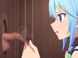 1boy 1girls aqua_(konosuba) censored confession_booth foreskin glory_hole kono_subarashii_sekai_ni_shukufuku_wo! penis pulling_foreskin small_penis smelly_cock tedain