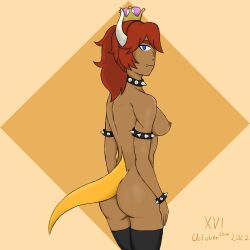 ass black_legwear bowsette bracelet breasts collar dark-skinned_female dark_skin looking_back mario_(series) new_super_mario_bros._u_deluxe nipples oerba_yun_fang red_bowsette red_hair sideboob signature simple_background smiling solo_female stockings super_crown tail xvi