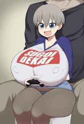 1boy 1girls blue_eyes breasts cham22 controller erect_nipples erect_nipples_under_clothes female gaming grey_hair height_difference highres holding_object huge_breasts light-skinned_female male massive_breasts nipples_visible_through_clothing playing_videogame shirt short_hair smile sugoi_dekai uzaki-chan_wa_asobitai! uzaki_hana venus_body