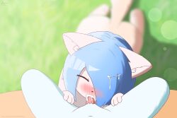 absurd_res animal_humanoid blue_hair blush bodily_fluids bovid bovid_humanoid bovine bovine_humanoid cattle_humanoid cum cum_in_mouth cum_inside cum_on_face domestic_cat duo felid feline felis female fur genital_fluids grass_field hair hi_res humanoid kneeling male male/female mammal mammal_humanoid oral ranlunghsu white_body white_fur