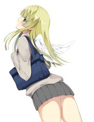 2013 ass blonde_hair blush dogs:_bullets_&_carnage female green_eyes green_hair haru long_hair nill_(dogs) school_uniform schrodinger’s_panties uniform wings