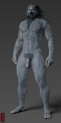 2022 3d_(artwork) abs absurd_res anthro balls blaidd_(elden_ring) canid canine canis chest_tuft claws digital_media_(artwork) elden_ring flaccid fromsoftware furry furry_only gay genitals grey_body hi_res hybrid_genitalia knot looking_at_viewer male mammal mane mouth_closed muscular muscular_anthro muscular_male navel neck_tuft nude pecs penis pubes purple_eyes scar shoulder_tuft simple_background standing tuft tusks ugnaughtsden vein veiny_penis video_games wolf