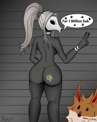 1girls 2d alatir ass big_ass black_skin female female_focus female_only highres neytirix pufferbunny skull_mask solo standing tagme tattoo tattoo_on_butt text thick_ass thick_thighs thighs white_hair youtube