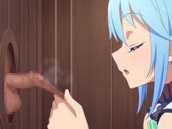 1boy 1girls aqua_(konosuba) censored closed_eyes confession_booth foreskin glory_hole kono_subarashii_sekai_ni_shukufuku_wo! penis pulling_foreskin small_penis smelly_cock sniffing tedain