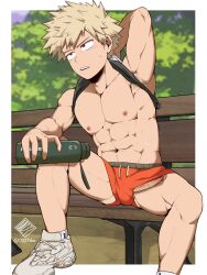 0027woo 1boy blonde_hair erection freeballing katsuki_bakugou male male_only muscular muscular_male my_hero_academia orange_underwear penis penis_through_leghole red_eyes sandy_blonde_hair solo underwear