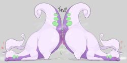 blush bodily_fluids dragon duo female generation_6_pokemon genital_fluids genitals goodra green_eyes heart hi_res nintendo nude pokemon pokemon_(species) pussy smile solterv video_games