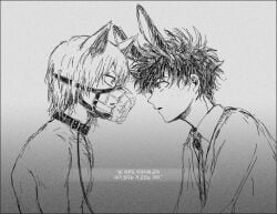 2boys animal_ears bunny_ears collar dark_aura eijirou_kirishima eye_contact face_to_face halloween implied_gay implied_yaoi izuku_midoriya korean_text leash leash_and_collar male male_only monochrome muzzle_(object) muzzled my_hero_academia rabbit_ears text werewolf wolf_ears yaoi