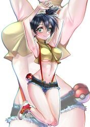 1girls armpits ass asymmetrical_hair belt black_hair blush breasts creatures_(company) denim denim_shorts female game_freak green_eyes highres huge_ass kasumi_(pokemon) large_breasts legs navel nintendo nipples poke_ball pokemon pokemon:_the_electric_tale_of_pikachu ponytail shirt shoes shorts side_ponytail sneakers solo suspenders sweat sweatdrop swimsuit tank_top thighs tied_hair underboob wet yellow_shirt zigi