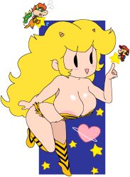 1girls 2boys big_breasts bikini blonde_hair bowser breasts busty cassettedream cleavage cute dialogue dream-cassette female female_focus hoshime huge_breasts intelligent_systems large_breasts light-skinned_female light_skin lum_(cosplay) male mario mario_(series) mob_face nintendo paper_mario paper_peach princess_peach royalty size_difference space stars thick_thighs transparent_background urusei_yatsura wide_hips