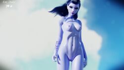 1girls 3d areolae blizzard_entertainment breasts dark_blue_hair ent_duke female female_focus female_only long_hair medium_breasts nipples nude nude_female overwatch pose posing presenting purple_body purple_skin pussy solo standing tattoo vagina widowmaker