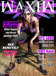 1girls 3d angela_ziegler ass big_breasts big_breasts blender blizzard_entertainment breasts chair collar dark_hair eye_contact feet female female_only front_page gaming gaming_chair glasses hi_res leggings legs light_skin lipstick looking_at_viewer magazine magazine_front_page makeup mercy nails nero100 overwatch overwatch_2 pose purple purple_hair shoes sit sitting solo solo_female suntan tattoo tattoos thighs tshirt waxiw wings