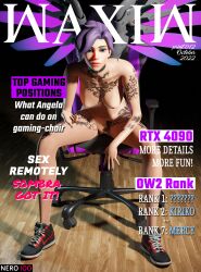 1girls 3d angela_ziegler ass big_breasts big_breasts blender blizzard_entertainment breasts chair collar dark_hair eye_contact feet female female_only front_page gaming gaming_chair hi_res leggings legs light_skin lipstick looking_at_viewer magazine magazine_front_page makeup mercy nails naked nero100 nipples nude nudity overwatch overwatch_2 pose purple purple_hair pussy shoes sit sitting solo solo_female suntan tattoo tattoos thighs tshirt waxiw wings