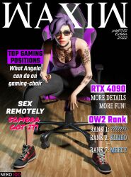 1girls 3d angela_ziegler ass big_breasts big_breasts blender blizzard_entertainment breasts chair collar dark_hair eye_contact feet female female_only front_page gaming gaming_chair glasses hi_res leggings legs light_skin lipstick looking_at_viewer magazine magazine_front_page makeup mercy nails nero100 overwatch overwatch_2 pose purple purple_hair shoes sit sitting solo solo_female suntan tattoo tattoos thighs tshirt waxiw