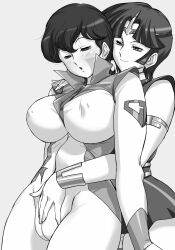 2girls arm_bands arm_cuffs big_breasts blush_lines breasts cameltoe eyelashes eyeliner female female_only fingering godmars greyscale hi_res hikawadou hug hypnosis jewelry jumpsuit large_breasts lezdom makeup medium_hair mika_hyuga monochrome nipples nipples_visible_through_clothing puffy_pussy pussy pussy_bulge rokushin_gattai_godmars rose rose_(godmars) short_hair touching_pussy wrist_cuffs yuri