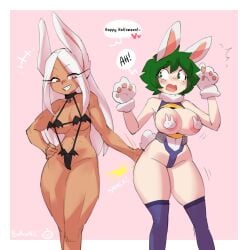 2girls areola areolae bare_shoulders bat_bikini big_breasts blush borvar breasts bunny_ears cleavage dialogue english_text female female_deku femsub green_eyes green_hair izuku_midoriya long_hair miruko mtf_transformation multiple_girls my_hero_academia navel nipple_bulge open_mouth pasties rule_63 rumi_usagiyama short_hair simple_background sling_bikini smile spanking speech_bubble text thick_thighs thighhighs voluptuous white_hair wide_hips