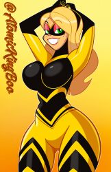 1girls artist_name atomickingboo background big_breasts blonde_hair bodysuit busty cleavage clothing costume eyebrows eyelashes eyes female female_only freckles hair halloween hips hourglass_figure large_breasts legs light-skinned_female light_skin lips long_hair miraculous_ladybug original original_character queen_bee queen_bee_(cosplay) sarah_mcneil signature thick_legs thick_thighs thighs voluptuous watermark wide_hips