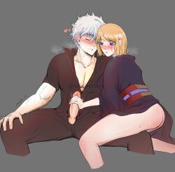 1boy 1girls absurd_res blonde_hair blush breath erection facial_scar female gintama gintoki_sakata handjob hi_res japanese_clothes kimono looking_at_penis looking_pleasured male motion_lines no_panties obi penis penis_out popped_collar purple_eyes seigibathala short_hair sitting sitting_on_person spread_legs sweat tsukuyo uncensored