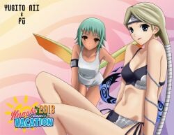 2013 2girls absurdres bent_over bikini blonde_hair blue_eyes character_name dark-skinned_female dark_skin female female_only forehead_protector fuu_(naruto) green_hair hair_ornament hairclip highres jinchuriki johnathan_boykin light-skinned_female light_skin long_hair looking_at_viewer midriff multiple_girls naruto naruto_(series) naruto_shippuden navel nii_yugito orange_eyes petite side-tie_bikini_bottom sitting swimsuit wings