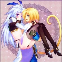 2boys blonde_hair blue_eyes blush carrying carrying_partner femboy final_fantasy final_fantasy_ix holding_partner kuja long_hair long_hair_male male male_only minatosaiga princess_carry silver_hair tail thong twink white_hair zidane_tribal