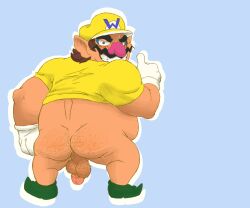 1boy ass backsack balls facial_hair flaccid gay gloves hat haxsmack looking_back male male_only mario_(series) moustache muscles nintendo overweight overweight_male pantsless penis solo thumbs_up wario