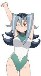 1girls blue_hair dntks female female_only kamishiro_rio one_eye_closed red_eyes rio_kamishiro solo swimsuit white_background yu-gi-oh! yu-gi-oh!_zexal