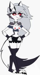 anthro black_kneehighs black_kneesocks black_legwear black_nails black_nose black_panties black_shorts black_socks black_tail breasts breasts_out furry grey_body grey_fur grey_hair hellhound helluva_boss loona_(helluva_boss) nose_ring paws red_eyes red_sclera shit_edit snout thick_thighs thighs underwear white_body white_fur white_hair white_tail wolf wolf_ears wolf_girl wolf_tail