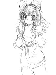 1girls ainu_clothes breasts female female_only hair_ribbon highres long_hair looking_at_viewer monochrome nakoruru nipples pants presenting ribbon samurai_shodown small_breasts smile snk solo