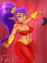 1girls artist_name artist_signature belly_dancer blue_eyes breasts crotchless dancing female_only genie genie_girl half_genie large_breasts licking_lips looking_at_viewer nipple_bulge pointed_ears ponytail purple_hair removing_clothing seductive seductive_look seductive_smile shantae shantae_(character) smooth_skin soulely souley69 tagme vagina wide_hips